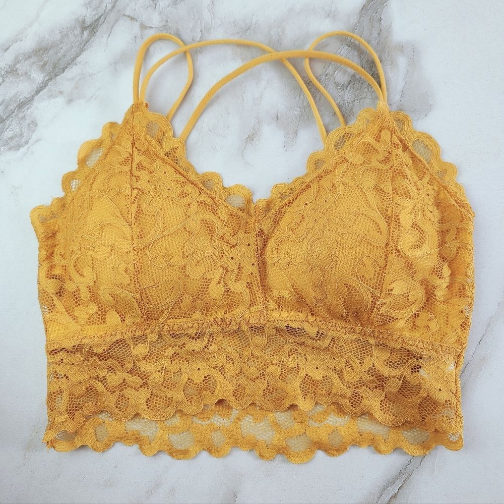 EUC Mustard Golden Yellow Floral Lace Wrapped Wireless Bralette, Sz S